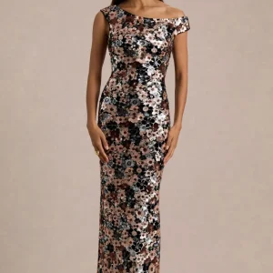Electric | Vestido Largo de Terciopelo Negro con Lentejuelas Florales y Escote Asimétrico