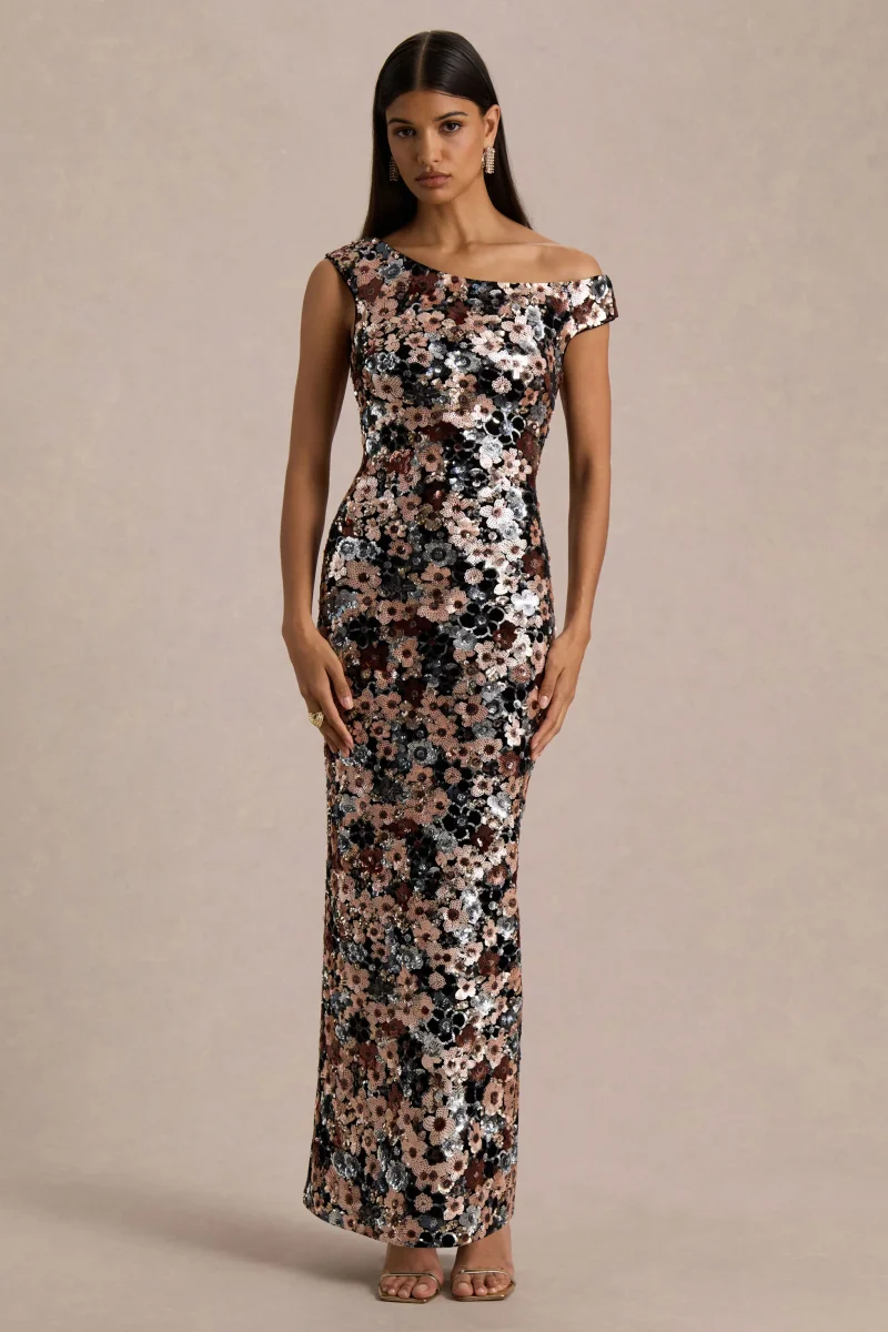 Electric | Vestido Largo de Terciopelo Negro con Lentejuelas Florales y Escote Asimétrico - Imagen 2