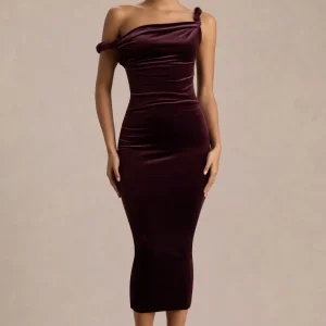 Carella | Vestido Midi Asimétrico de Terciopelo Burdeos con Detalle Retorcido