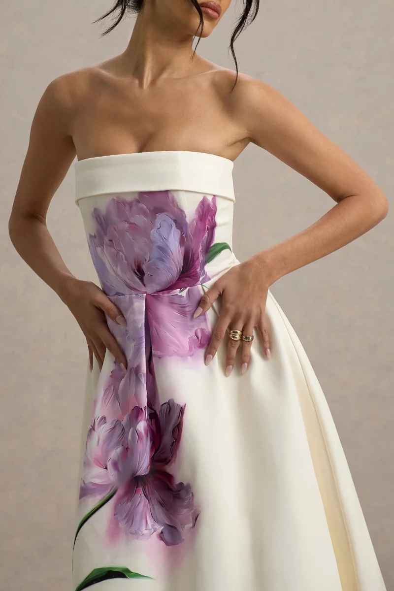 Annalise | Vestido midi con escote bandeau con estampado floral y falda plisada - Imagen 4