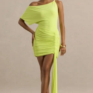 Marci | Vestido corto en Verde Lima Asimétrico Fruncido con Fajín