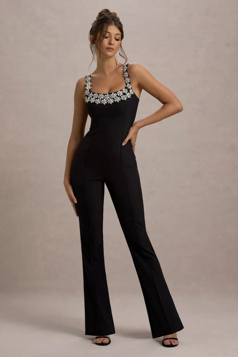 Amadi | Mono negro con detalles brillantes, tirantes con pierna acampanada.