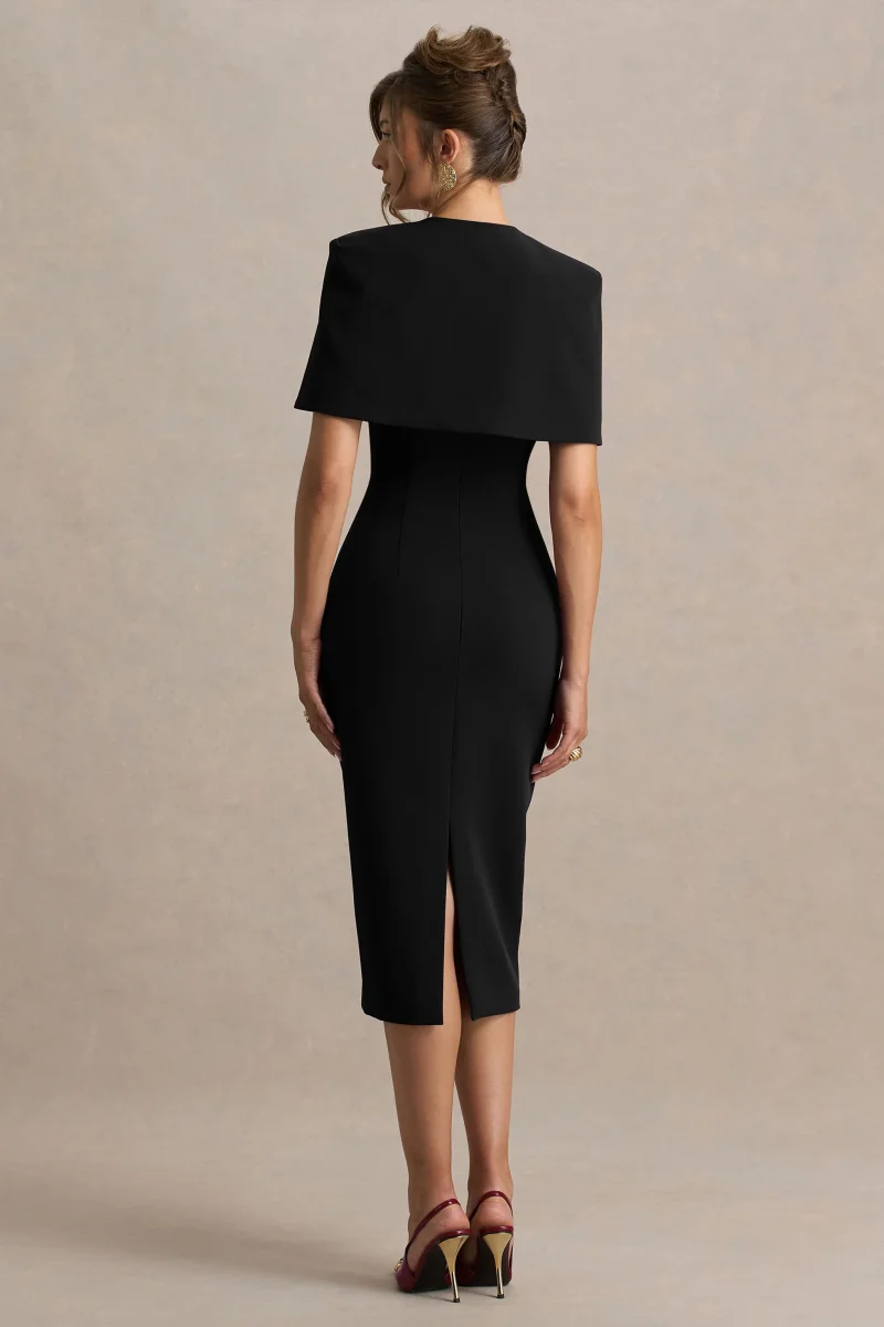 Baylor | Vestido Midi Negro Con Capa Corta Desmontable - Imagen 3