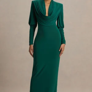 Kaylee | Vestido largo verde botella con mangas largas y escote pronunciado