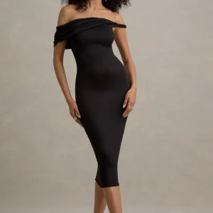 Skye | Vestido midi negro entallado con escote bardot