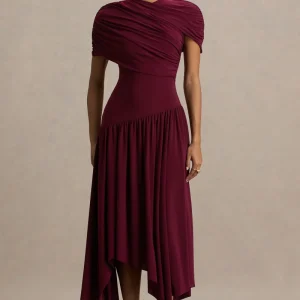 Ione | Vestido Largo Cruzado Burdeos con Dobladillo tipo Pañuelo