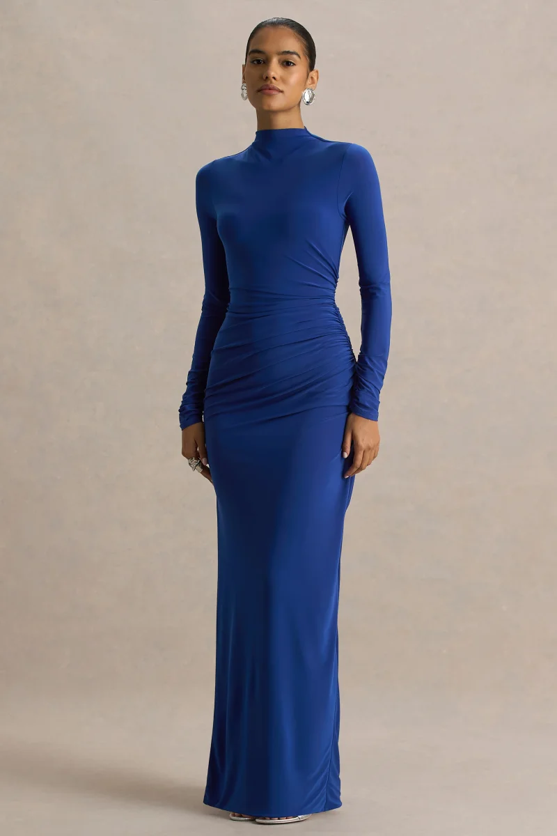 Alluring | Vestido largo en Azul cobalto de Cuello Alto con Detalles Fruncidos - Imagen 6