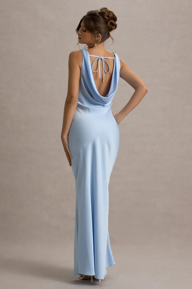 Alesso | Vestido Lencero largo satinado azul cielo con escote drapeado - Imagen 3