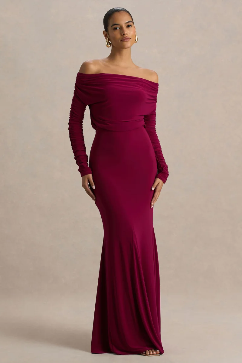 Cilla | Vestido Largo Burdeos Con Escote Bardot y Fruncido - Imagen 6