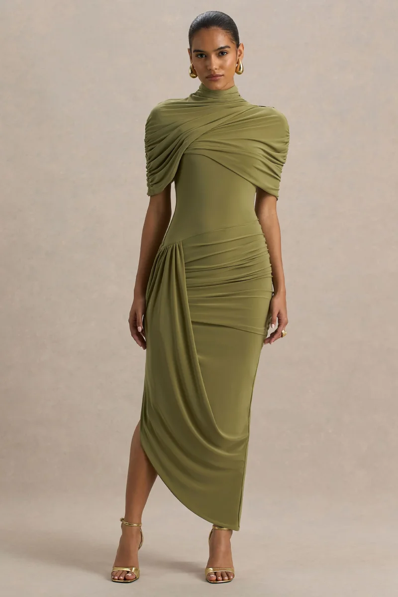 Enchant | Vestido Midi Verde Oliva Con Cuello Alto Y Mangas Capa Asimétricas - Imagen 4