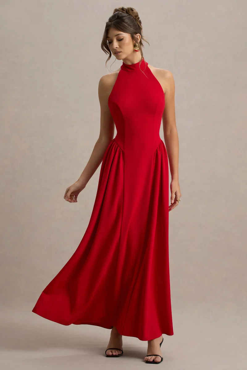 Cynthia | Vestido largo Rojo con Escote Alto y Falda Voluminosa - Imagen 5