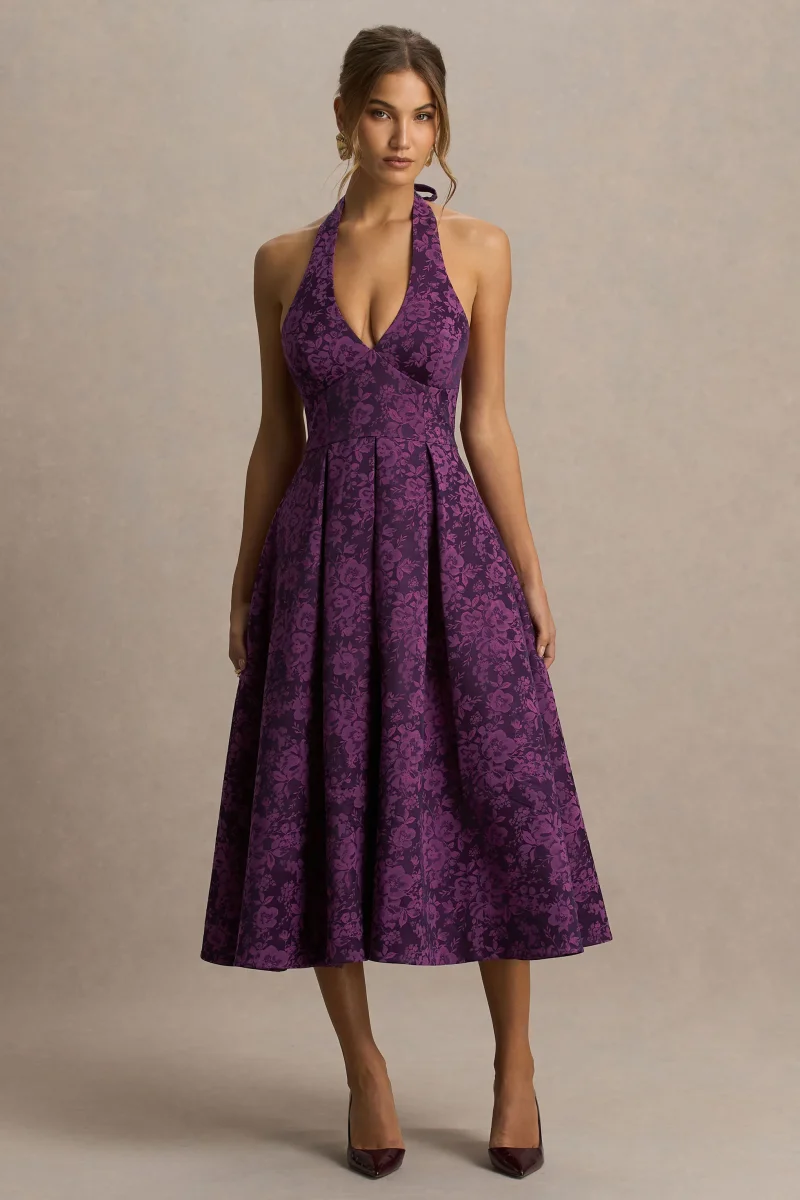 Isabeau | Vestido Midi Morado de Satén con Escote Pronunciado - Imagen 5