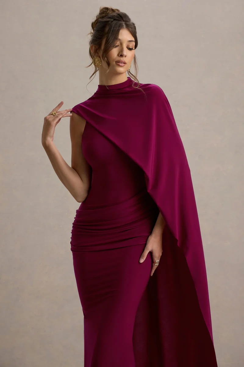 Maeve | Vestido largo en Burdeos con Manga Capa Drapeada - Imagen 4