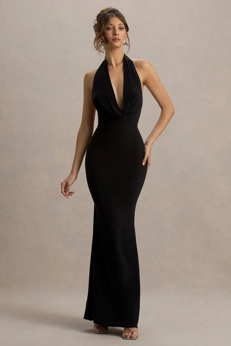 Milani | Vestido largo negro con escote drapeado y corte sirena espalda descubierta - Imagen 5