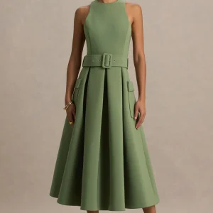 Elisia | Vestido Midi Verde Oliva con Escote Redondo y Cinturón