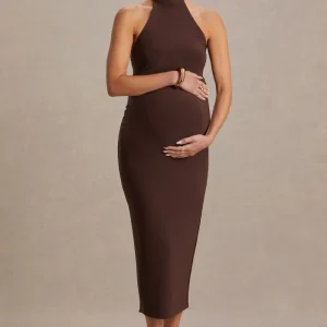 Mireille | Vestido Midi Premamá Marrón con Escote Halter