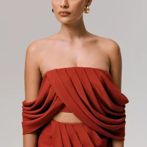 Talika | Top Corto Bardot Terracota con Mangas Drapeadas