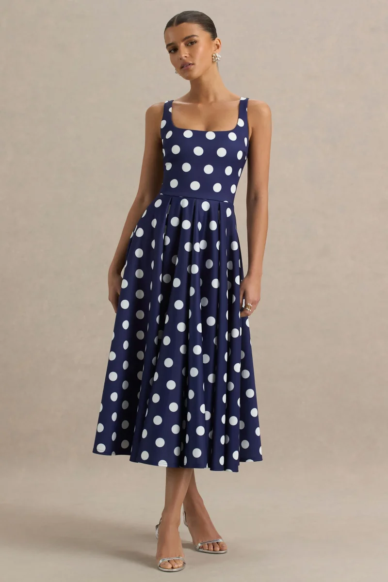 Berta | Vestido midi azul marino con lunares balanco y falda con volumen - Imagen 5