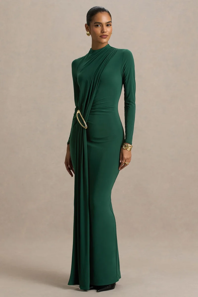 Zadie | Vestido Largo verde azulado de cuello alto con detalle fruncido - Imagen 4