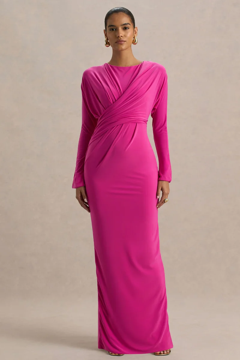 Regina | Vestido Largo Rosa Fucsia Regina con Escote Cortado y Drapeado - Imagen 5