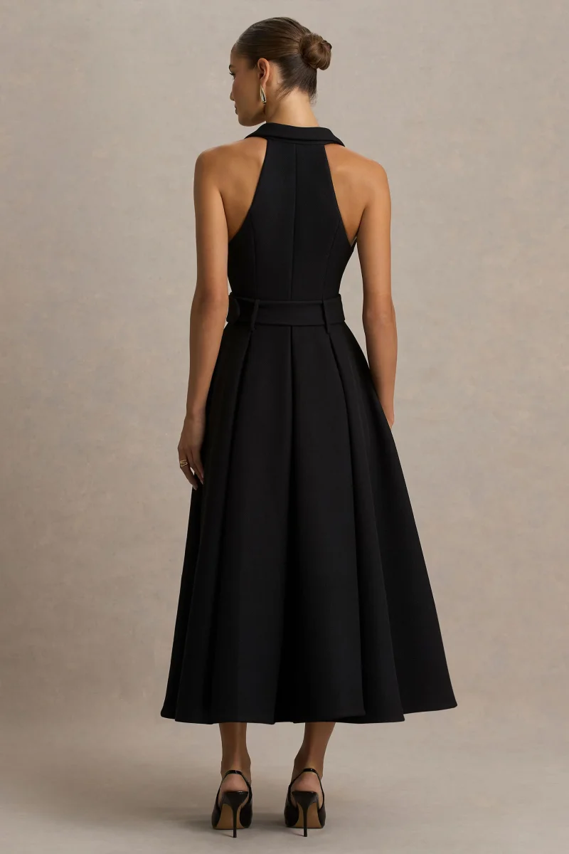 Alessa | Vestido Midi Negro Entallado con Escote Profundo - Imagen 3