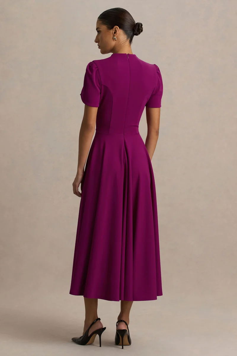 Vicky | Vestido Midi Color Morera Con Escote Alto Y Mangas Abullonadas - Imagen 3