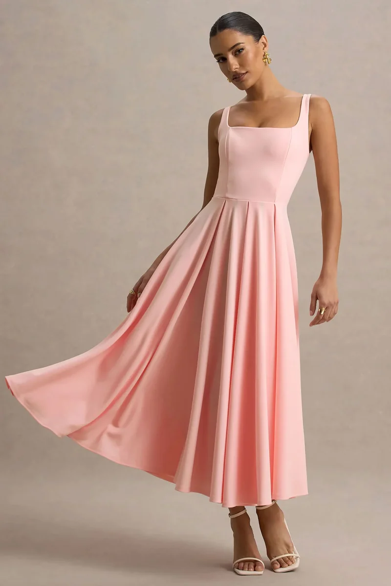 Parina | Vestido midi rosa claro con escote cuadrado y falda voluminosa - Imagen 5