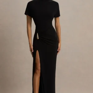 Arlena | Vestido Largo Negro con Escote Alto y Detalle Envolvente