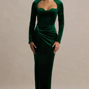 Fay | Vestido largo de Terciopelo Verde Botella con Nudo y Estilo Corsé