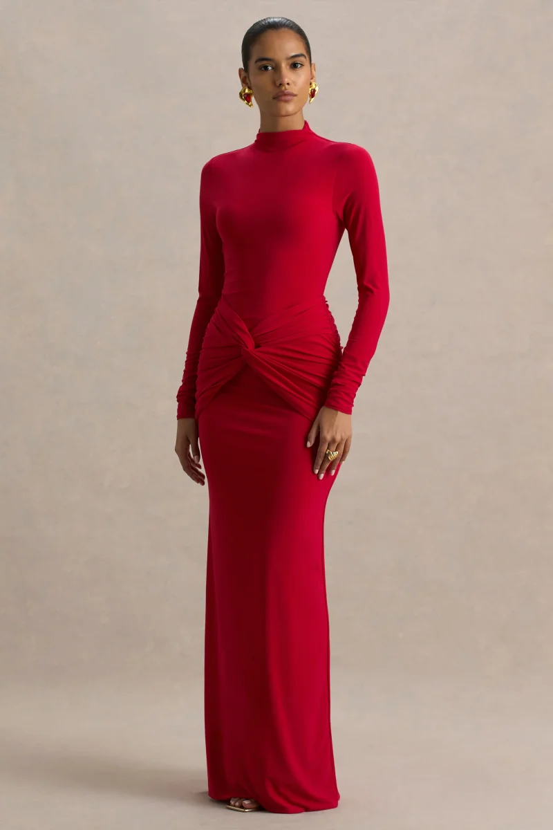 Alula | Vestido Rojo Largo con Cuello Alto y Detalle de Giro en el centro - Imagen 5