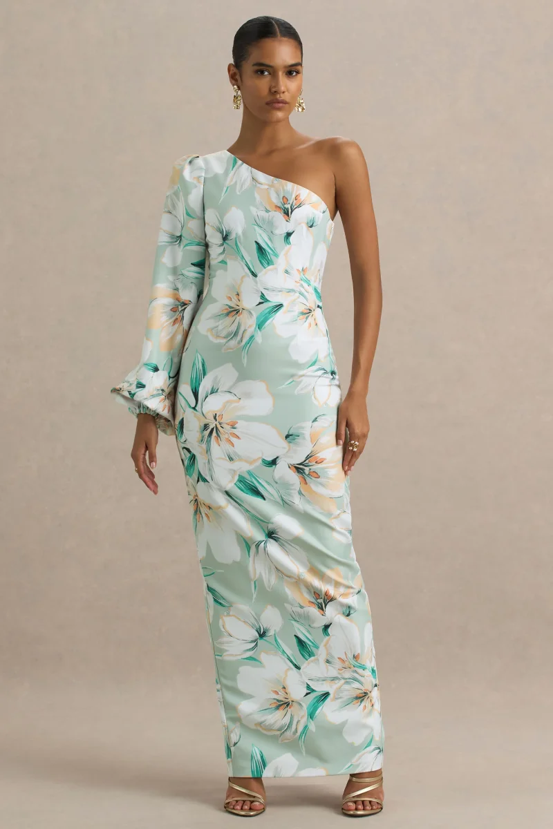 Kellis | Vestido largo Asimétrico con Manga Abullonada en Estampado Floral Verde - Imagen 6