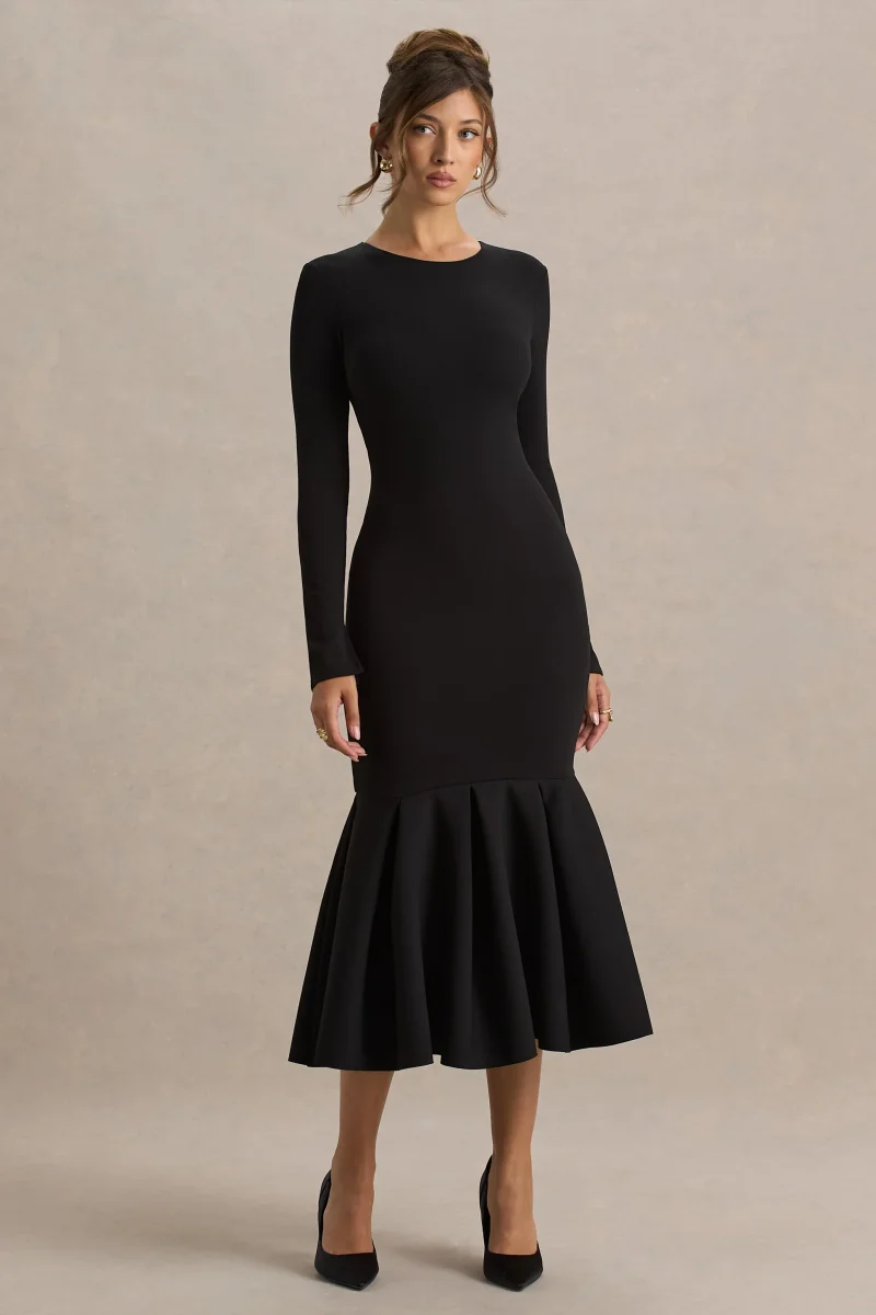Liberty | Vestido midi negro con mangas largas y bajo con volante - Imagen 4