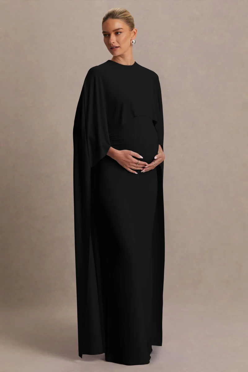 Padma | Vestido Largo Premamá Negro Drapeado con Mangas Capa - Imagen 5