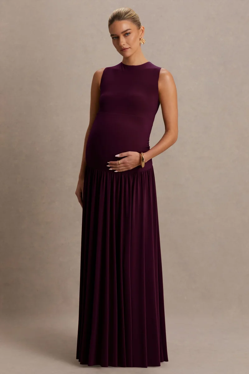 Outline | Vestido Largo Premamá Burdeos de Cuello Alto con Falda Drapeada - Imagen 6