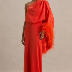 Felicity | Vestido Largo naranja de satén con escote asimétrico con plumas y detalles fruncidos