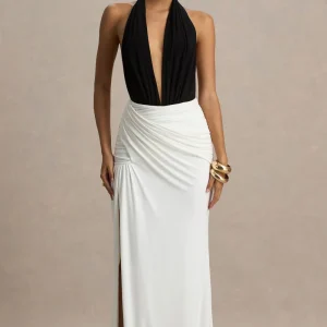 Tilly | Vestido Cruzado Largo Negro Y Blanco Con Escote Profundo Extremo Y Detalles Fruncidos