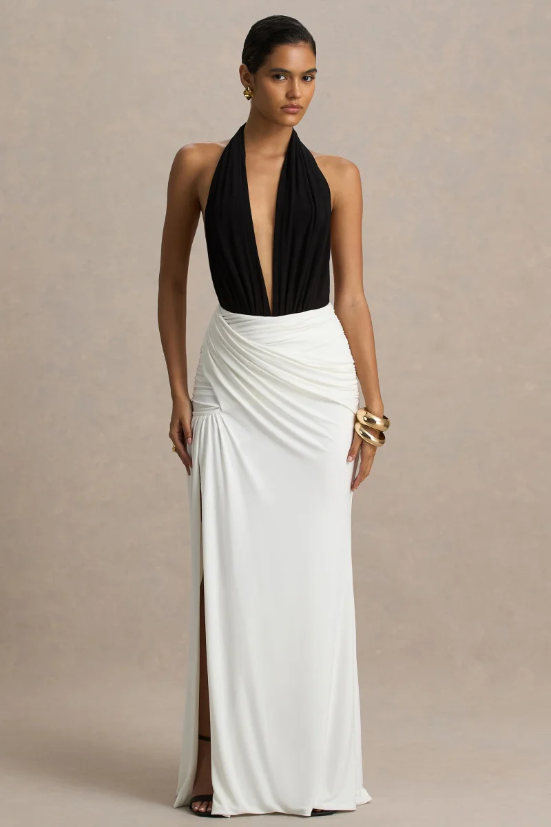 Tilly | Vestido Cruzado Largo Negro Y Blanco Con Escote Profundo Extremo Y Detalles Fruncidos