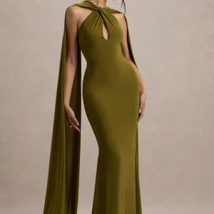 Rhoda | Vestido largo verde con escote halter y banda decorativa