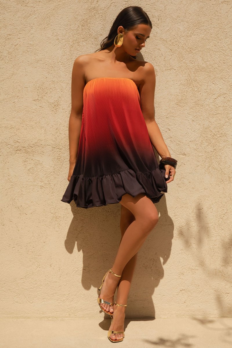 Tropical | Vestido corto de Satén Naranja ombré con Dobladillo con Volantes - Imagen 5
