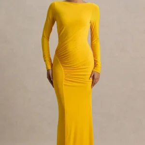 Diva | Vestido Largo Amarillo Con Escote Rasgado y Detalle Fruncido