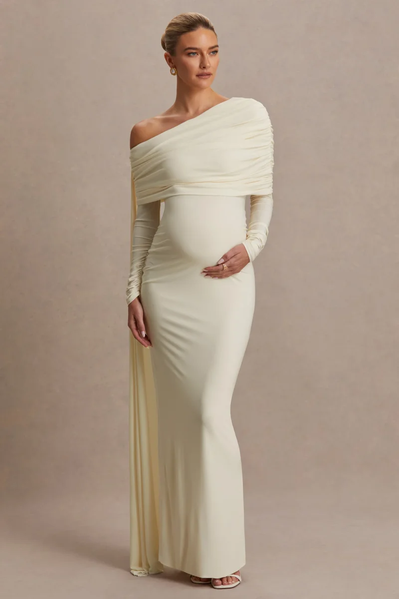 Cyra | Vestido largo crema con escote asimétrico y fajín - Imagen 5
