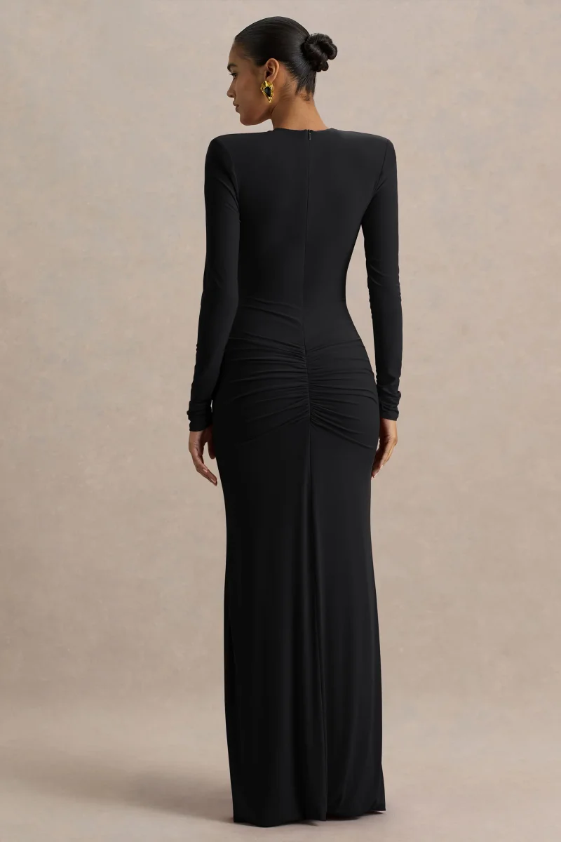 Jewel | Vestido Largo de cuello de pico profundo negro con abertura frontal y detalle fruncido - Imagen 3