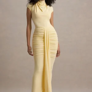 Lorenza | Vestido largo en Limón de Cuello Alto con Fruncido y Falda Envolvente