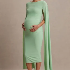 Providence | Vestido Midi premamá en Verde Claro de Cuello Alto con Mangas Capa