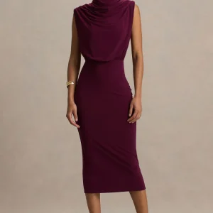 Hermia | Vestido Midi Burdeos De Cuello Alto Sin Mangas