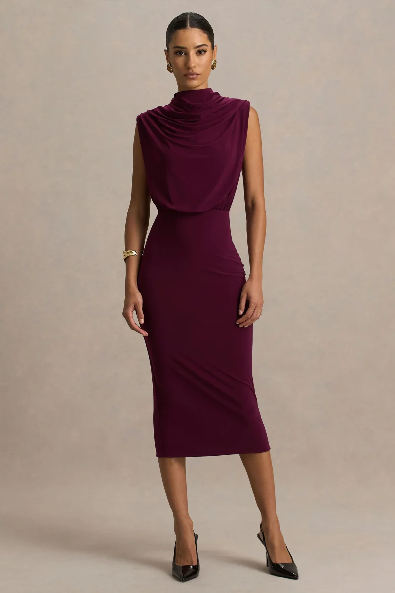 Hermia | Vestido Midi Burdeos De Cuello Alto Sin Mangas