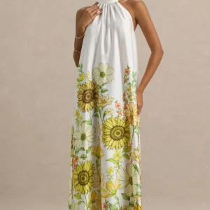 Glide | Vestido largo satinado con detalle de cuello con lazo y estampado de girasoles