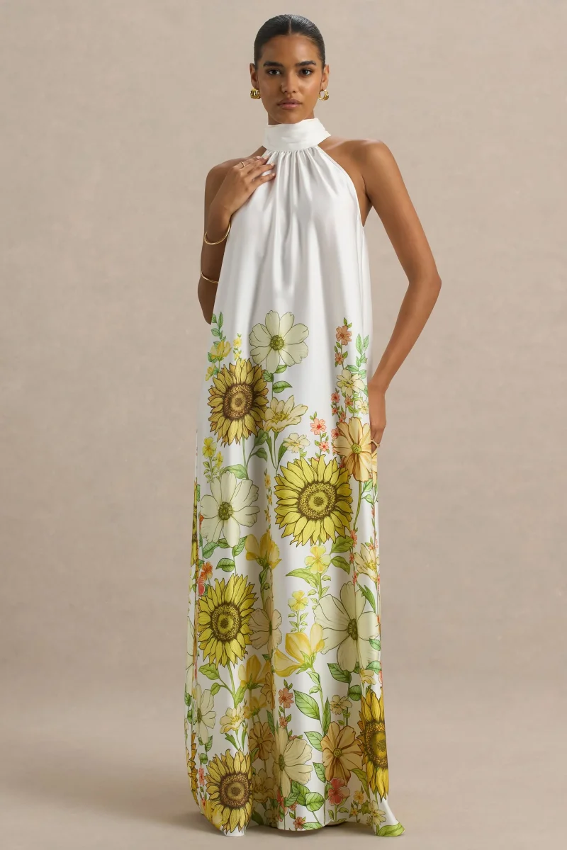 Glide | Vestido largo satinado con detalle de cuello con lazo y estampado de girasoles