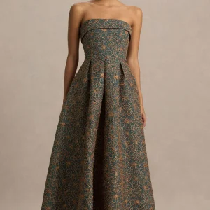 Loretta | Vestido midi bordado en verde oscuro y óxido con escote bandeau