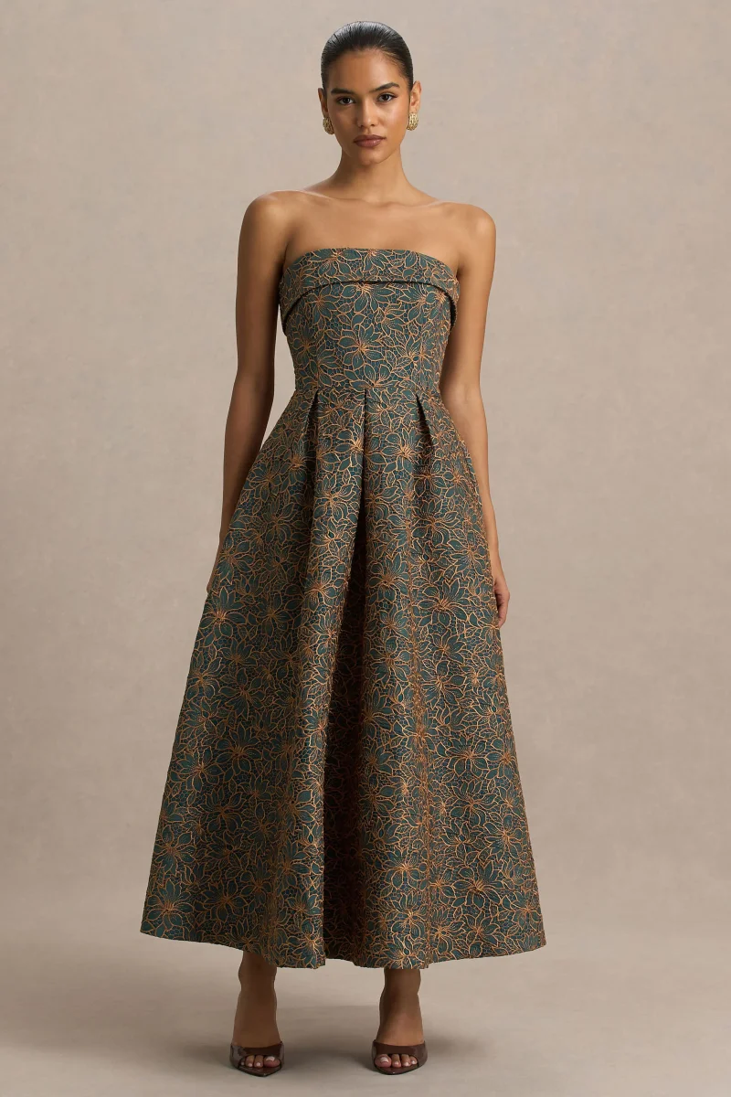 Loretta | Vestido midi bordado en verde oscuro y óxido con escote bandeau